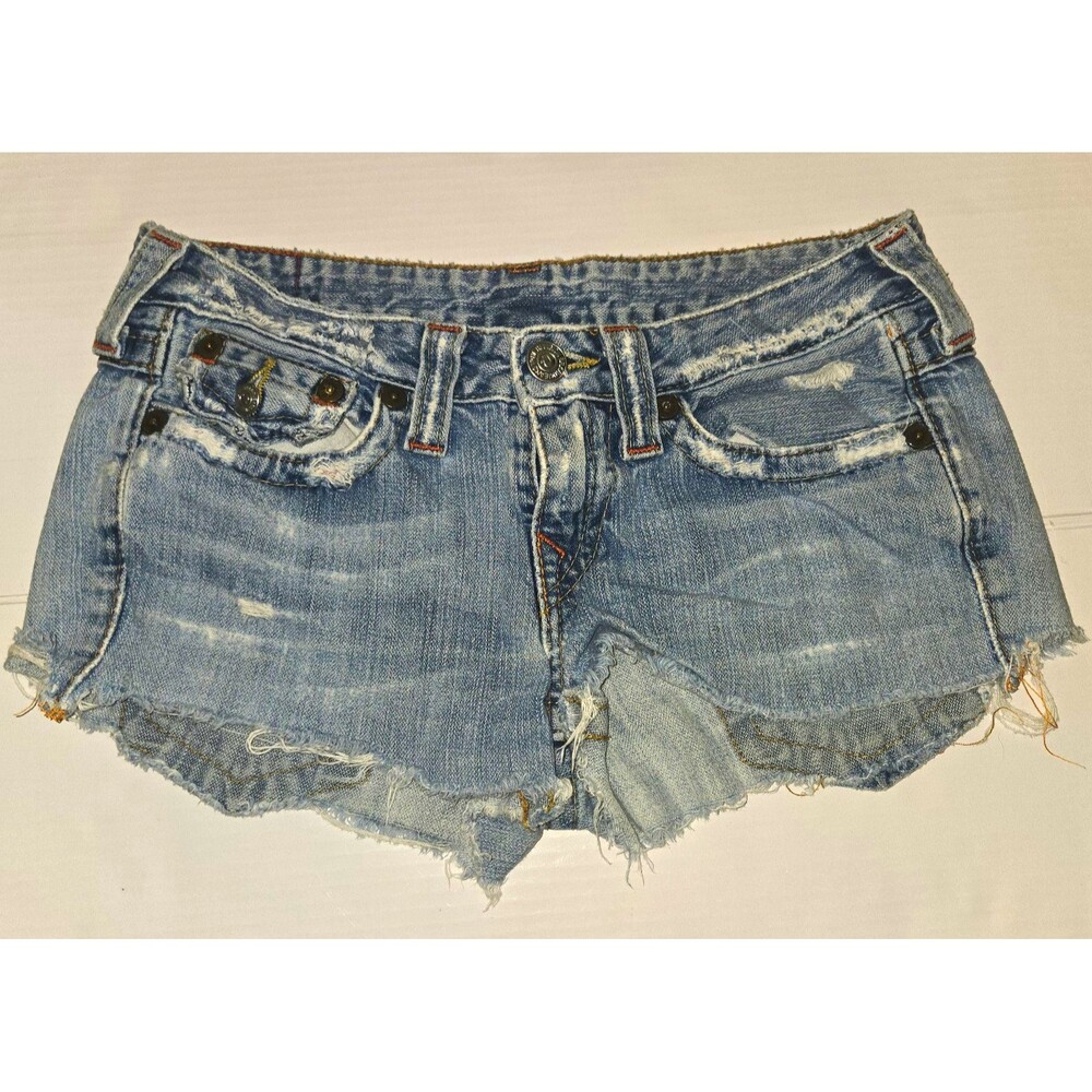 True Religion Joey Womens 27 Cutoff Denim Shorts Distressed Low Rise Made USA